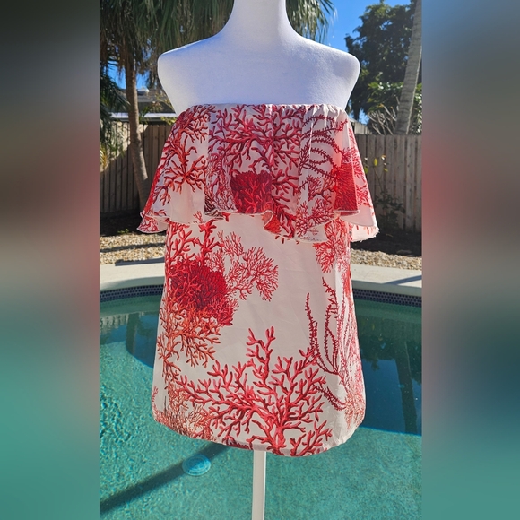 NEW Ruffle Top Size S White Red Silk Resortwear Tropical Beach Strapless Summer - Picture 2 of 11
